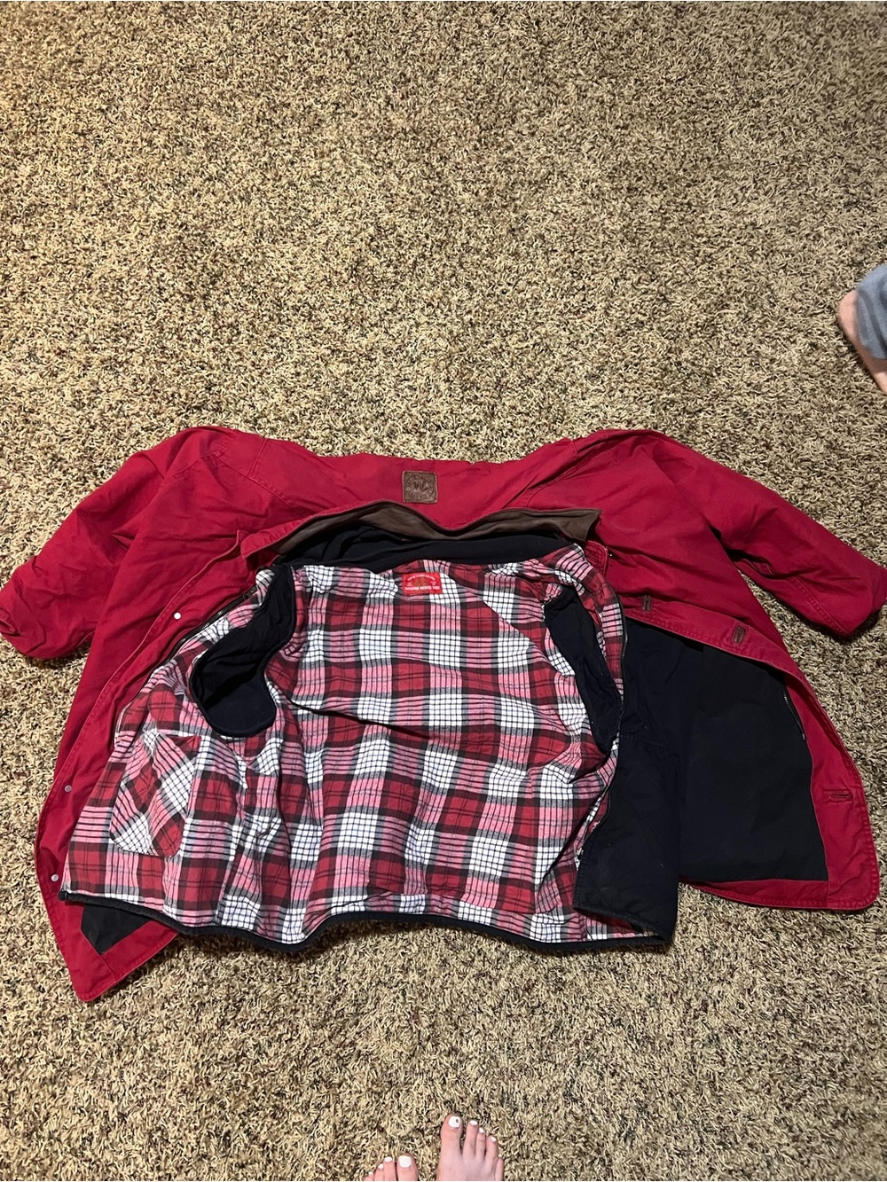 Women’s Red Lined Jean-Style Jacket with Plaid Interior